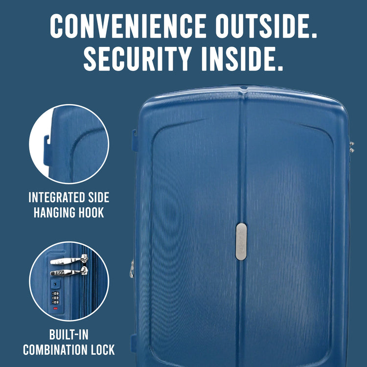 Blue suitcase with features highlighted on a blue background