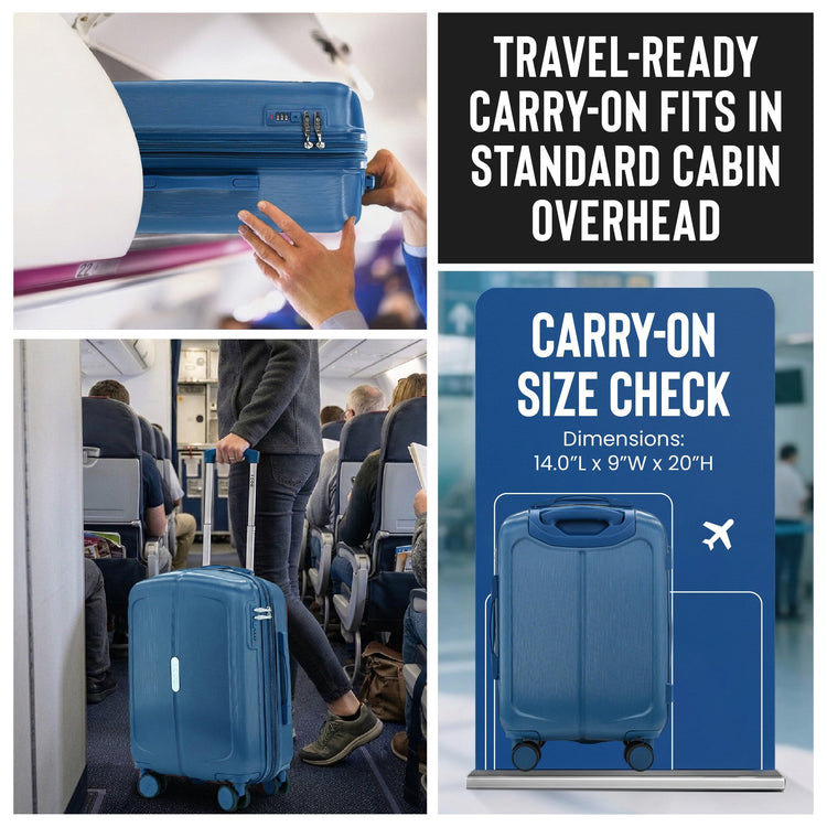 Collage of a blue suitcase being used on an airplane with text about travel-ready carry-on size.