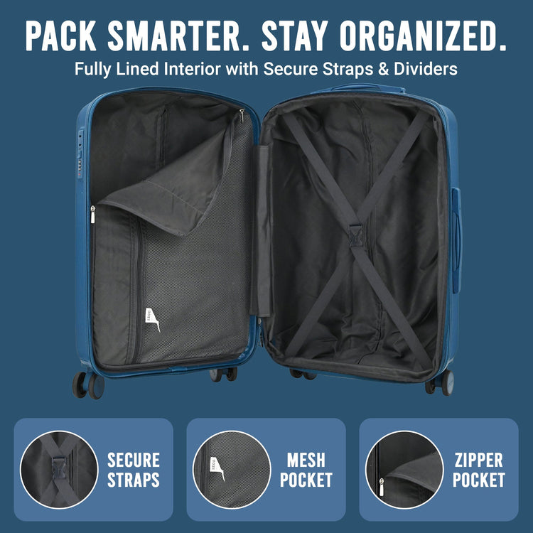 Open blue suitcase with interior features on a blue background