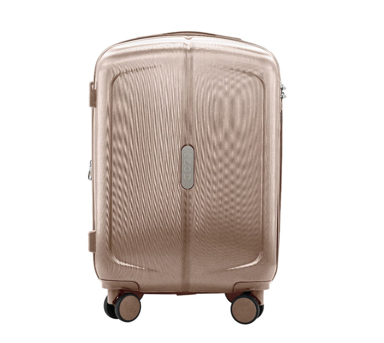 Beige suitcase with wheels on a white background