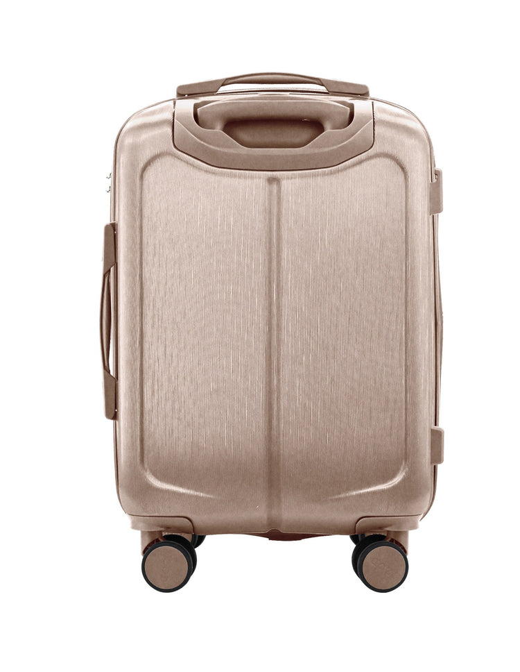 Rose gold suitcase with wheels on a white background