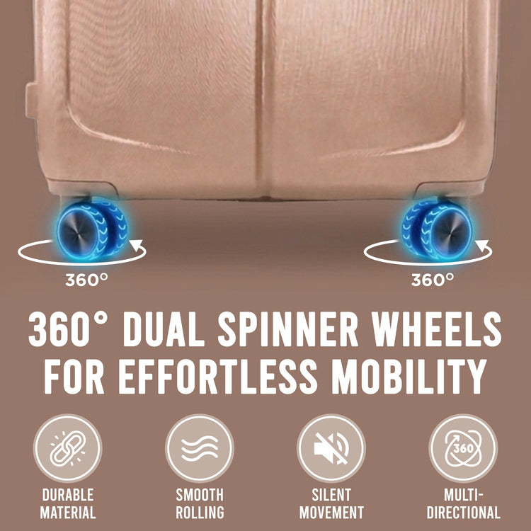 Beige suitcase with 360-degree dual spinner wheels on a brown background