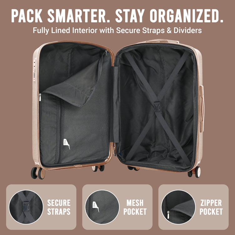Open suitcase with interior features on a brown background, emphasizing organization and security.
