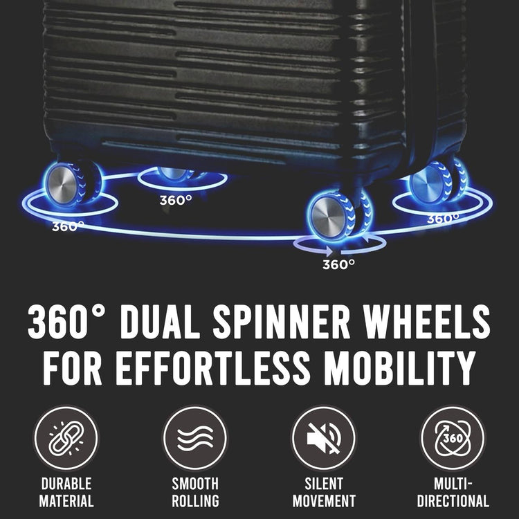Black suitcase with 360-degree dual spinner wheels on a black background, featuring text and icons about wheel features.