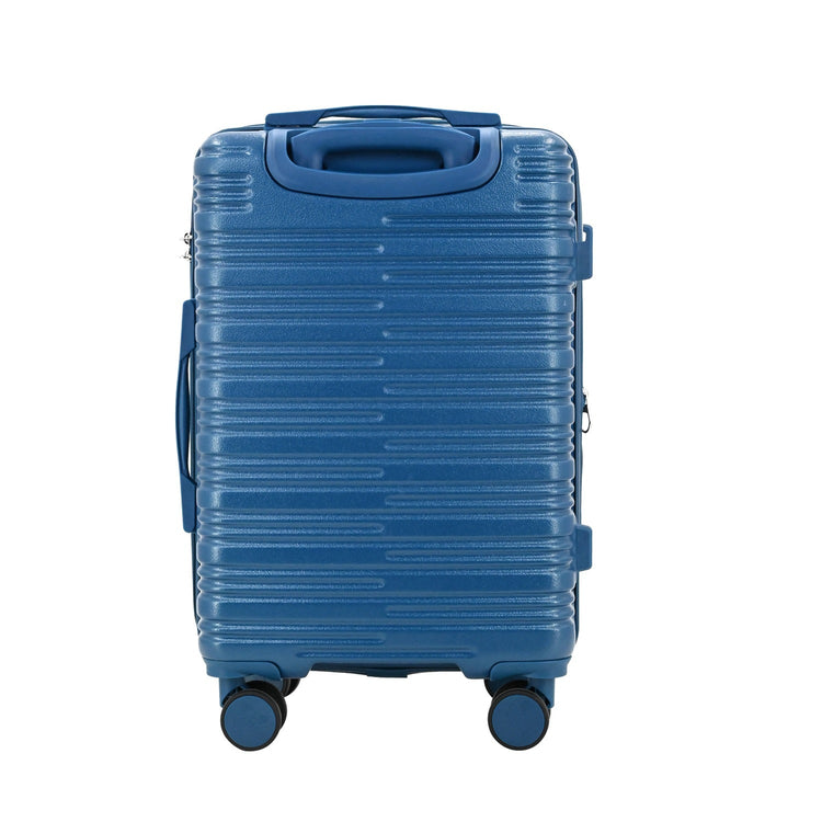 Blue suitcase with wheels on a white background