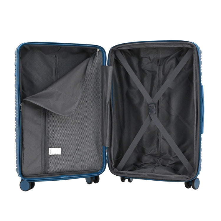 Open blue suitcase with interior compartments on a white background