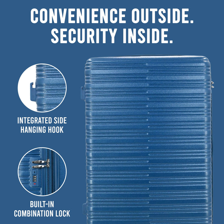 Blue suitcase with features highlighted on a blue background