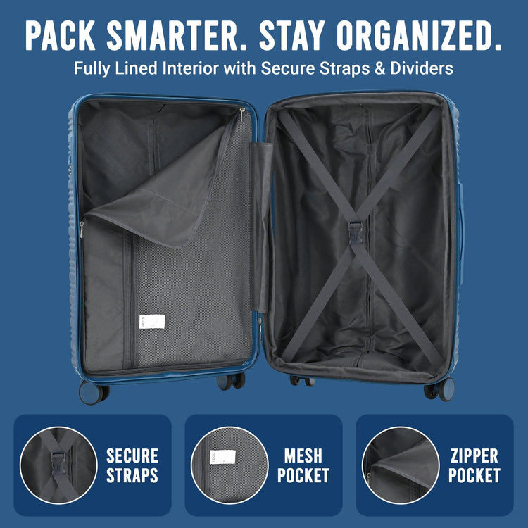Open suitcase with interior features on a blue background, emphasizing organization and security.