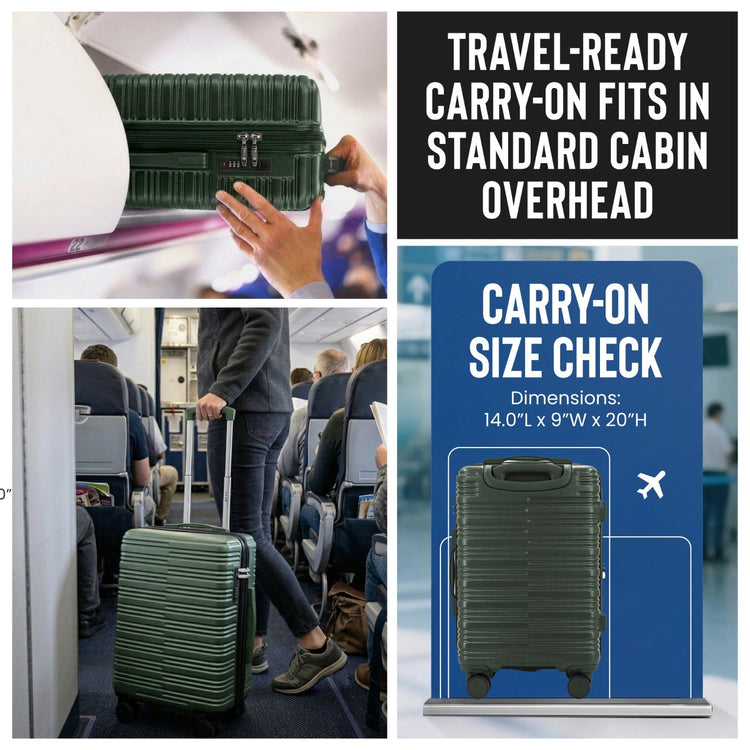 Green suitcase being shown in an airplane overhead compartment with size check dimensions displayed.