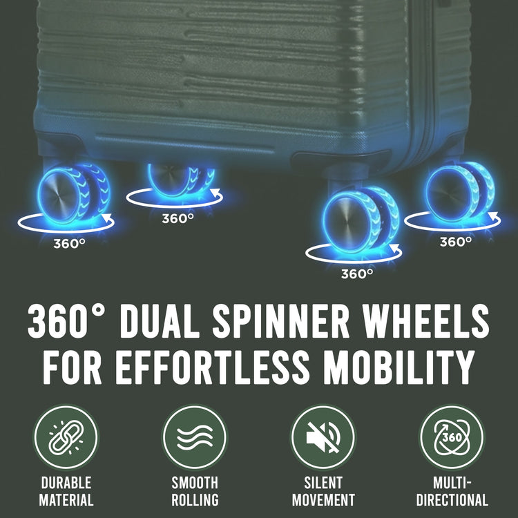 Suitcase with 360-degree dual spinner wheels on a dark background, highlighting features like durability, smooth rolling, silent movement, and multi-directional capability.