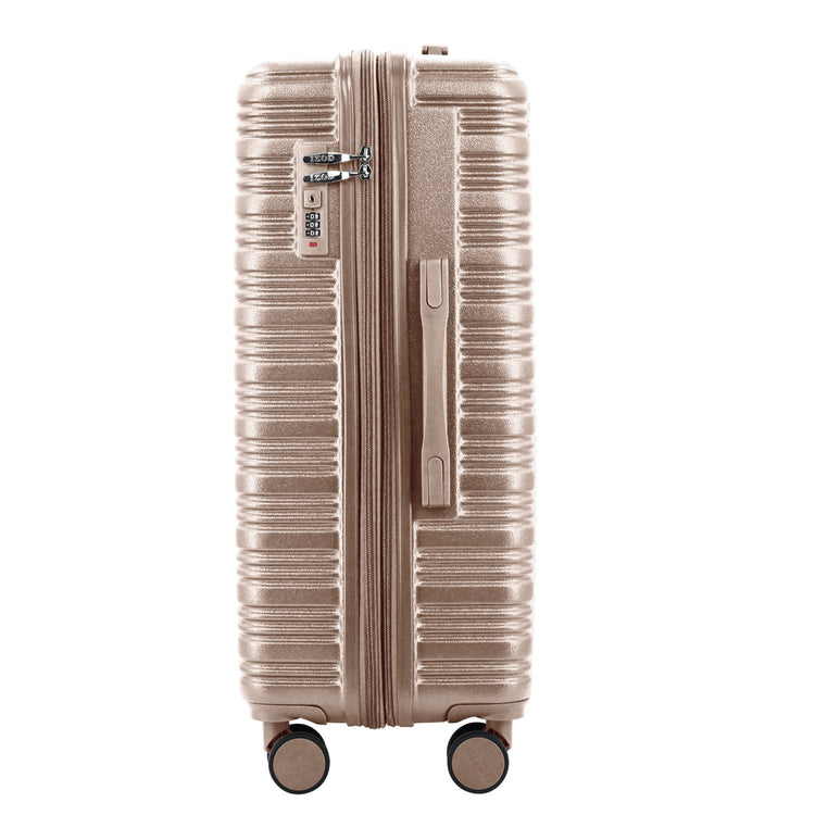 Beige suitcase with a textured surface on a white background