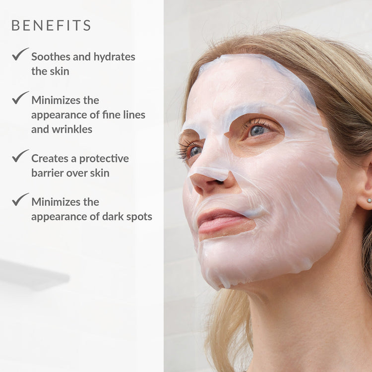 Woman with a face mask applied, benefits listed on the left