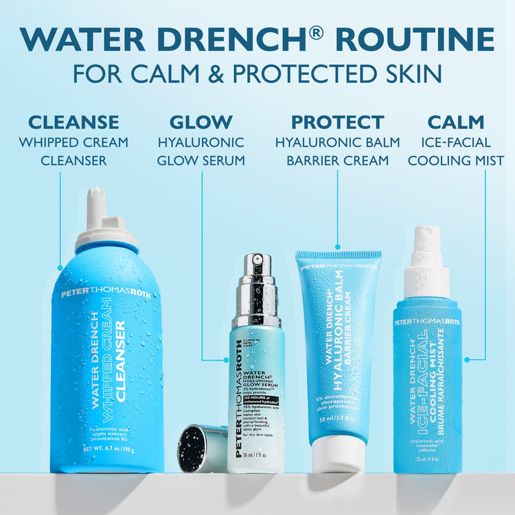 Peter Thomas Roth Water Drench Routine skincare set on a light blue background, featuring a whipped cream cleanser, glow serum, hydrating barrier balm, and ice-acidial cooling mist with labeled callouts above each item.