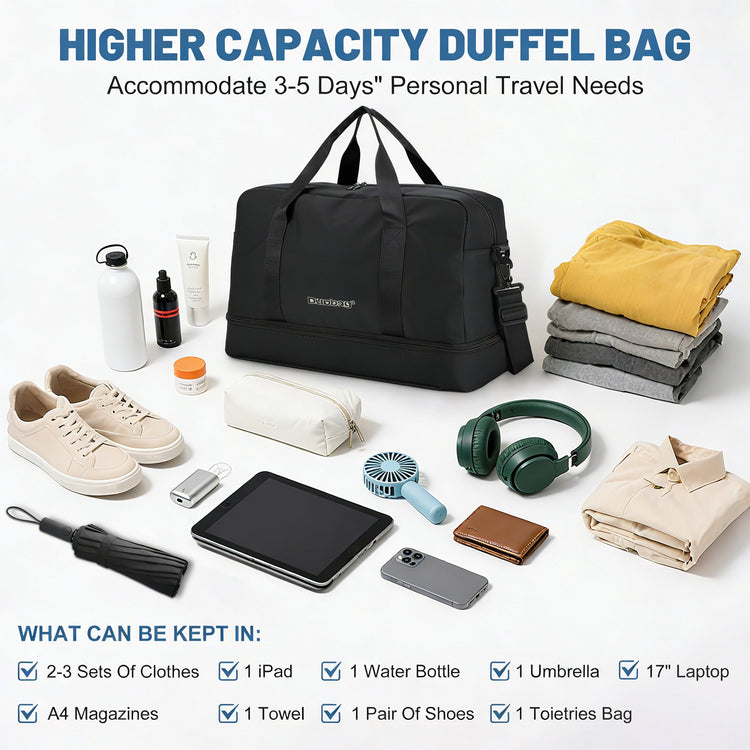 Black duffel bag with travel items on a white background