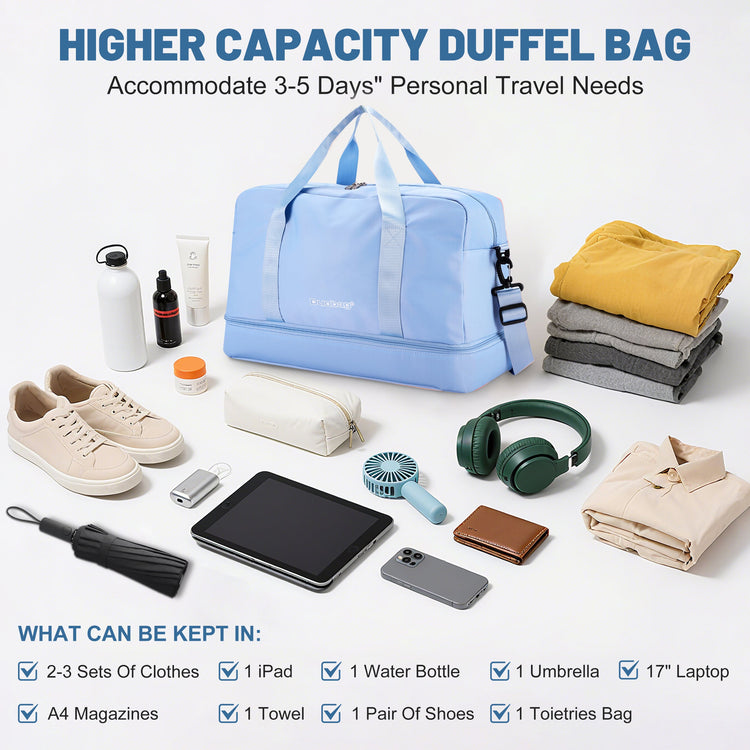 Blue duffel bag with travel items on a white background