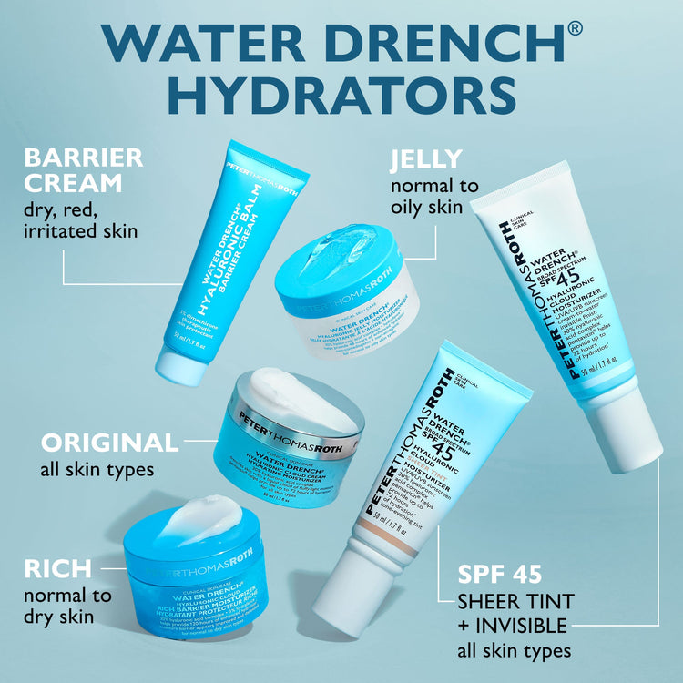 Six Water Drench Hydrators products from Estée Lauder are arranged on a light blue background with descriptive text labels for different skin types and types (Barrier Cream, Jelly, Original, Rich, SPF 45).