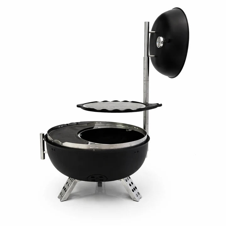 Black portable stove with a fan on a white background