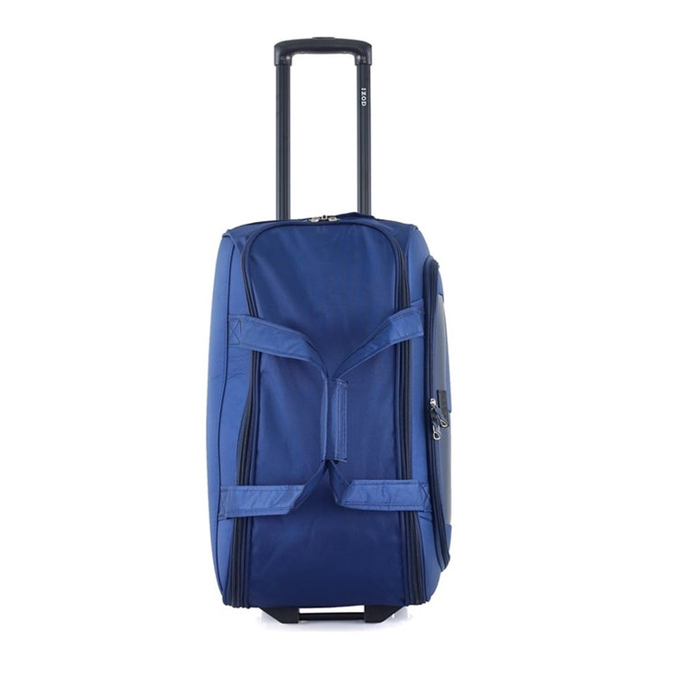 Blue suitcase with wheels and handle on a white background