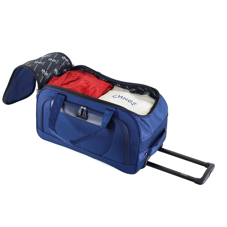 Blue duffel bag with open compartment showing red interior and 'Chase' branding on a white background