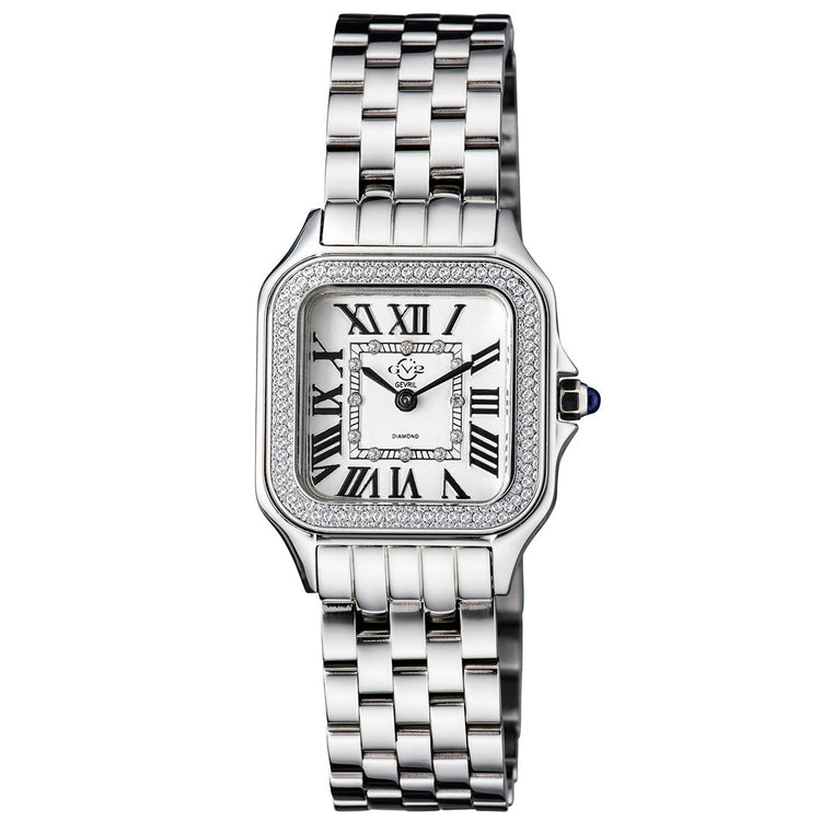 A GV2 Women's Milan Swiss Diamond Watch with a stainless steel band and a square face surrounded by a diamond-cut bezel.