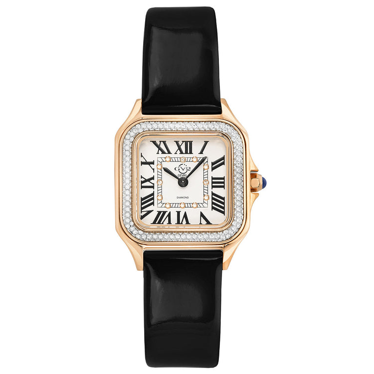 A GV2 Women's Milan Swiss Diamond Watch with a stainless steel band and a square face covered in diamond accents.