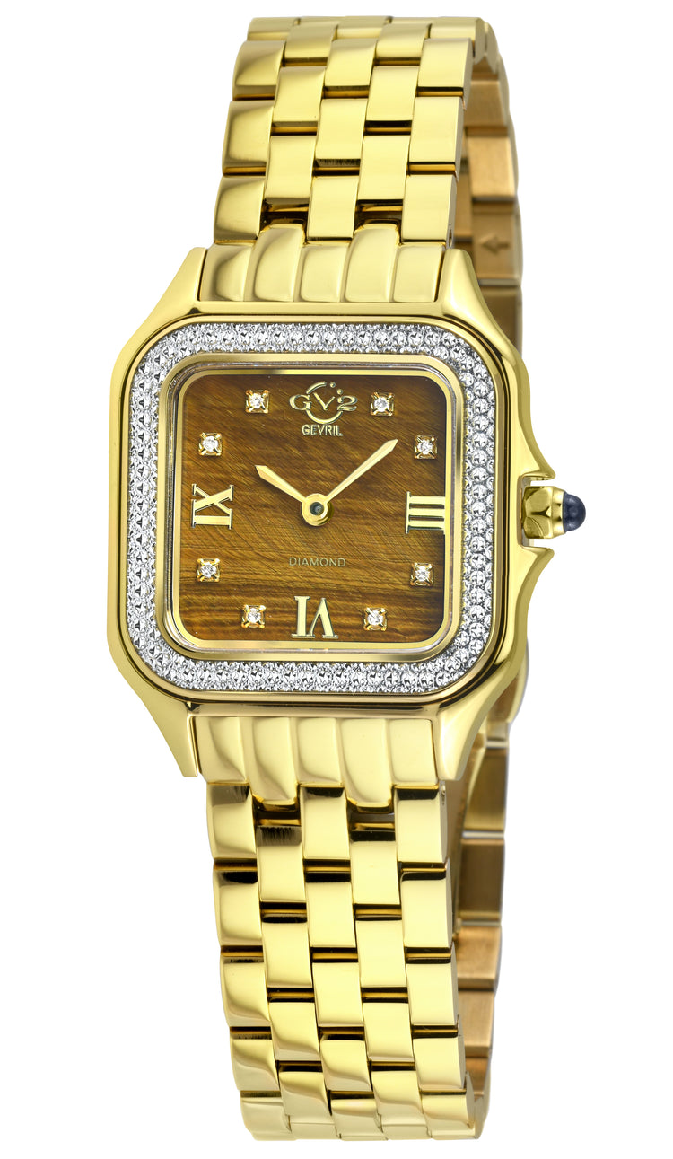 Gold wristwatch with a wooden face on a white background