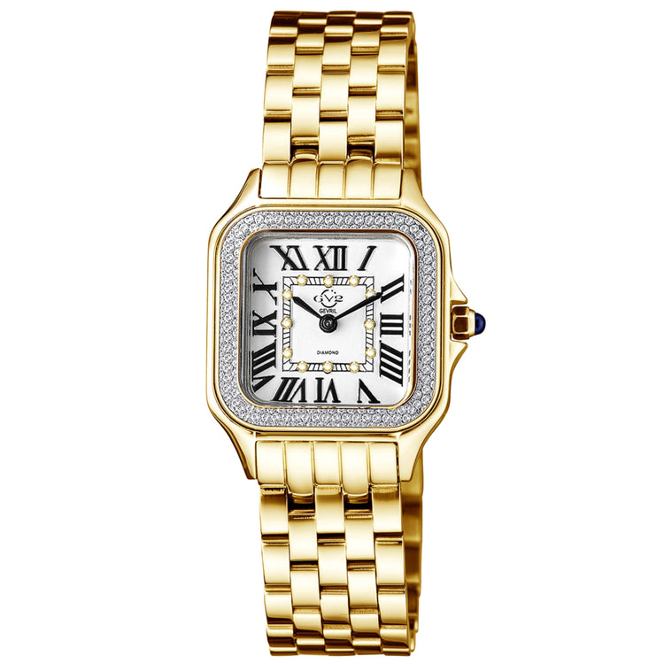 A GV2 Women's Milan Swiss Diamond Watch with a stainless steel band and a square face covered in diamond accents.