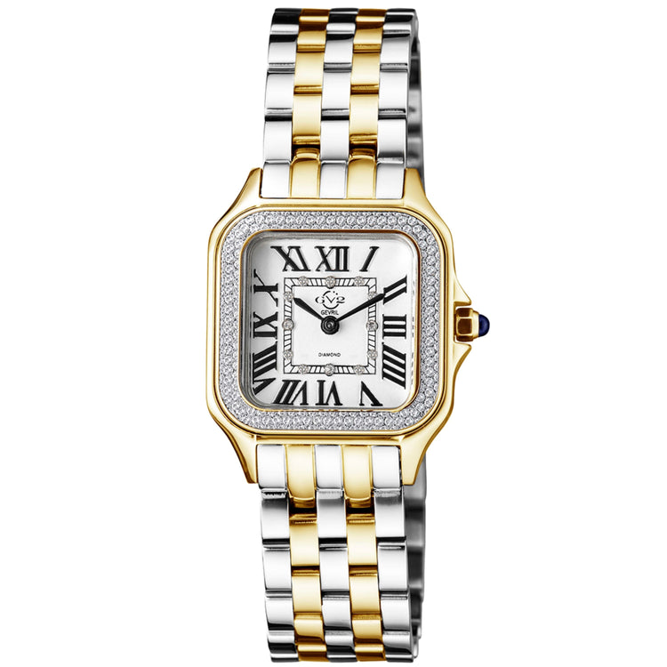 A GV2 Women's Milan Swiss Diamond Watch with a stainless steel band and a square face covered in diamond accents.