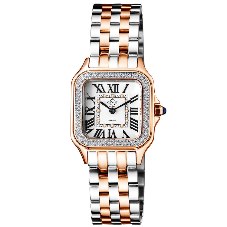 A GV2 Women's Milan Swiss Diamond Watch with a stainless steel band and a square face covered in diamond accents.
