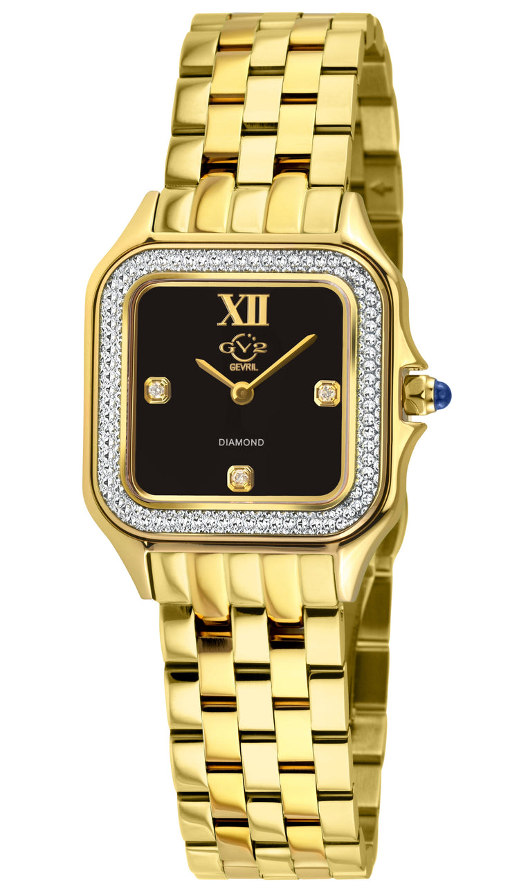 Gold wristwatch with a black face and diamond accents on a white background