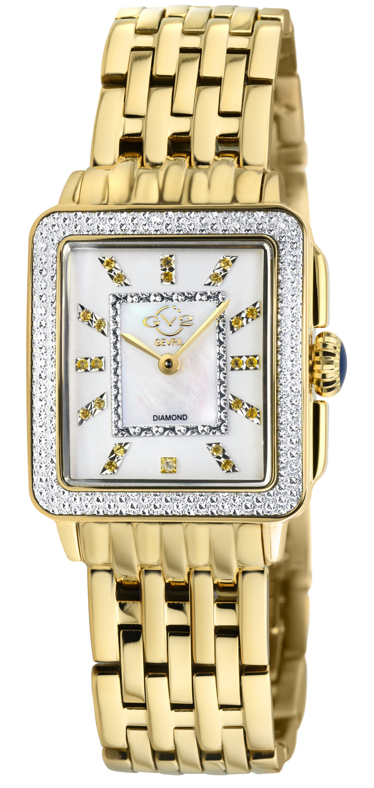 Gold wristwatch with diamond-studded face on a white background