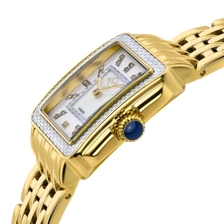 Gold wristwatch with a blue gemstone on a white background