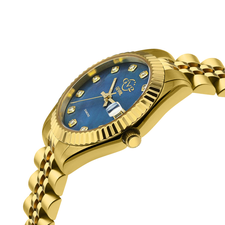 Gold wristwatch with a blue face on a white background
