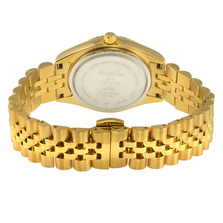 Gold watch with a detailed face on a white background