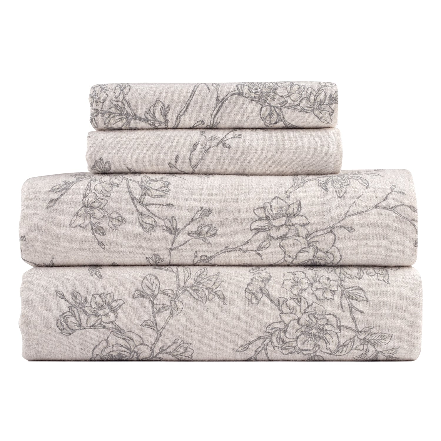 Stack of floral-patterned sheets on a white background
