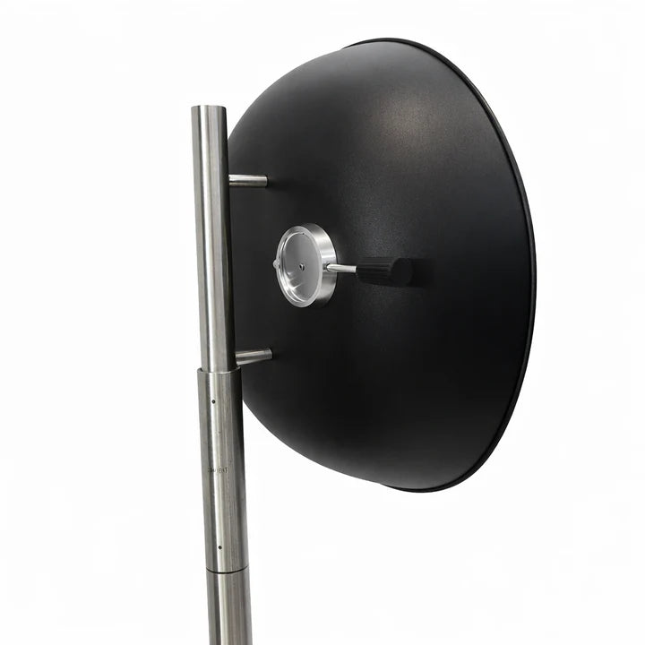 Black adjustable mirror with metallic stand on a white background