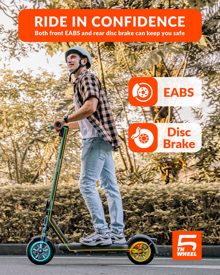 Person riding a scooter with safety features highlighted, including EABS and disc brake, in an outdoor setting.