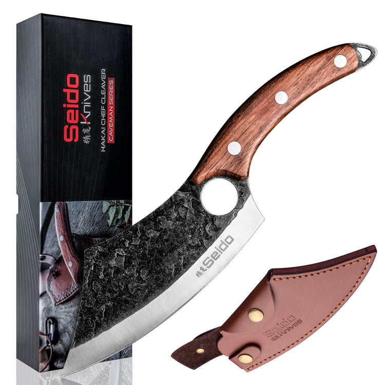 Seido knife with wooden handle and leather sheath next to its packaging