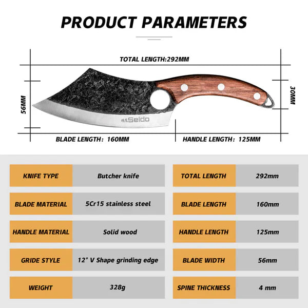Butcher knife with dimensions and material details on a white background