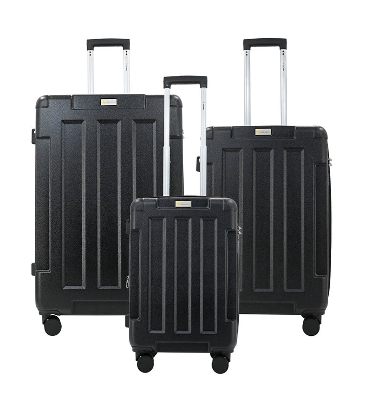 Set of three black suitcases with wheels on a white background