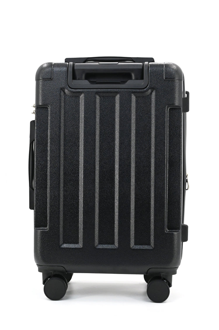 Black suitcase with a textured surface on a white background