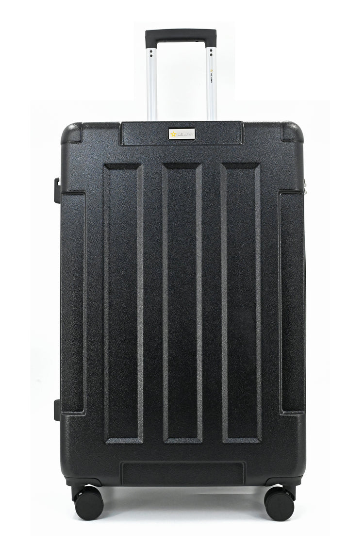 Black suitcase with a visible brand logo on a white background