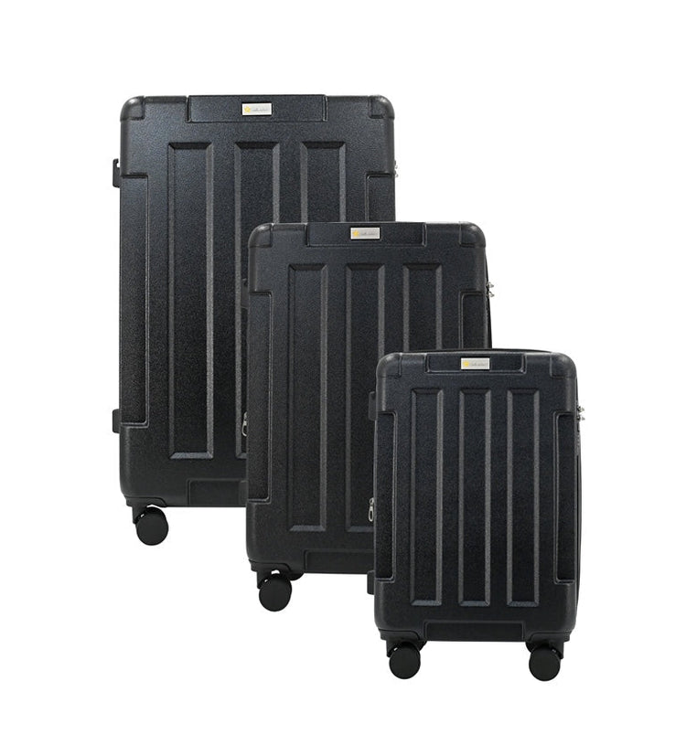 Three black suitcases of different sizes on a white background