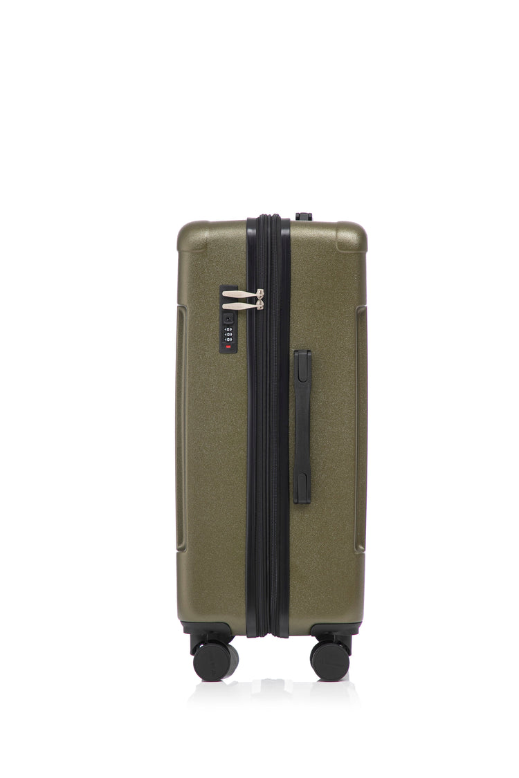 Green suitcase with black handle and wheels on a white background