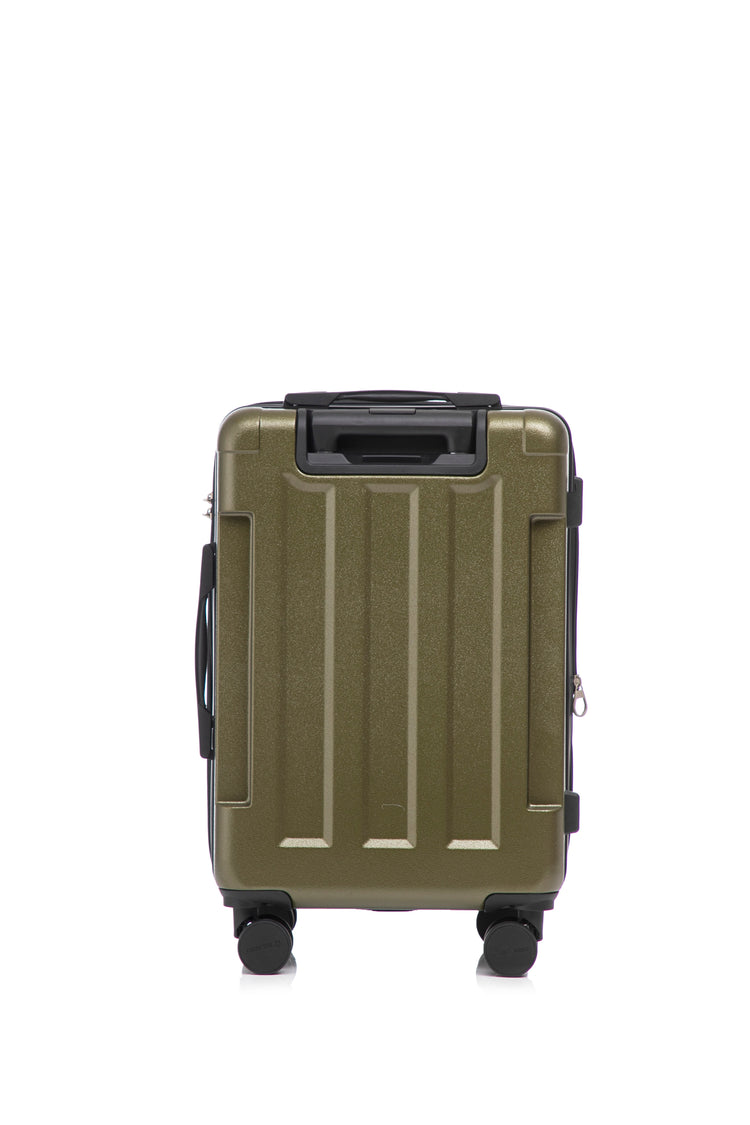 Green suitcase with black handle and wheels on a white background