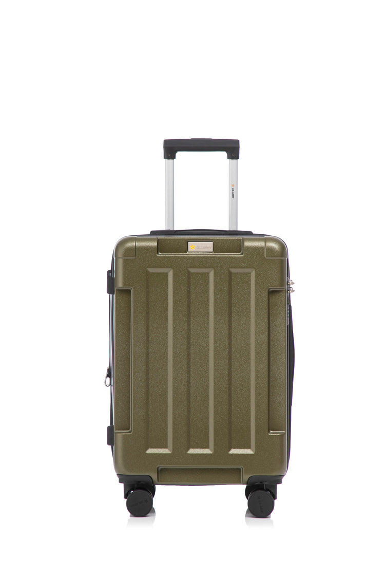 Green suitcase with wheels and handle on a white background