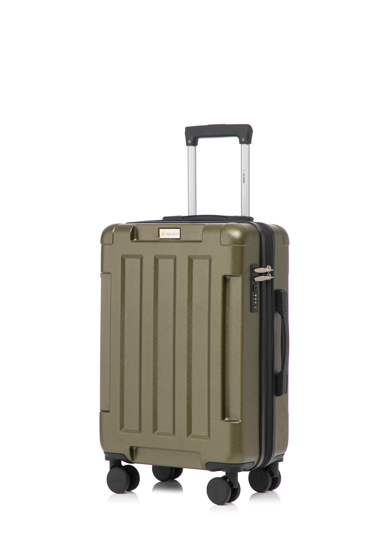 Green suitcase with wheels and handle on a white background