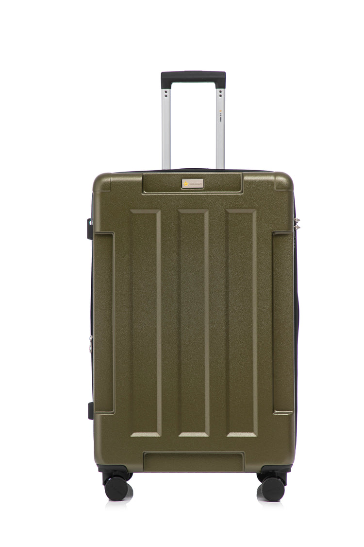 Green suitcase with wheels and handle on a white background