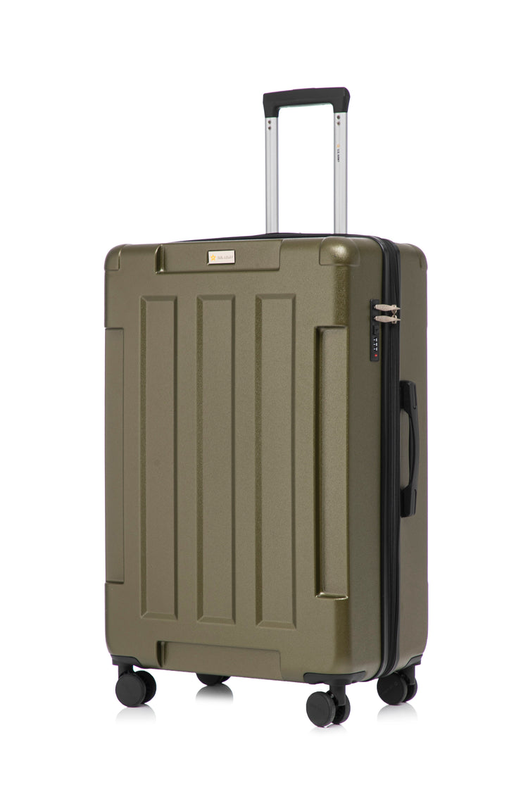 Green suitcase with wheels and handle on a white background