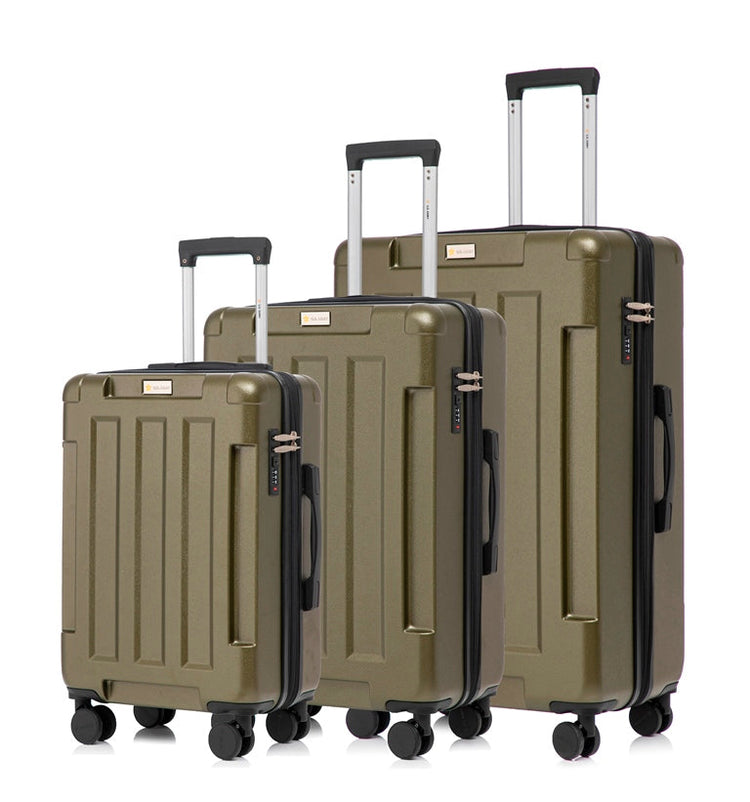 Set of three olive green suitcases with black handles and wheels on a white background